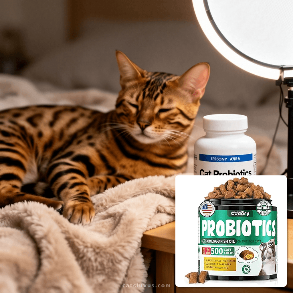 Cat Probiotics Tasty Chews for Digestive & Gut Support - with cat - professional product lifestyle photo