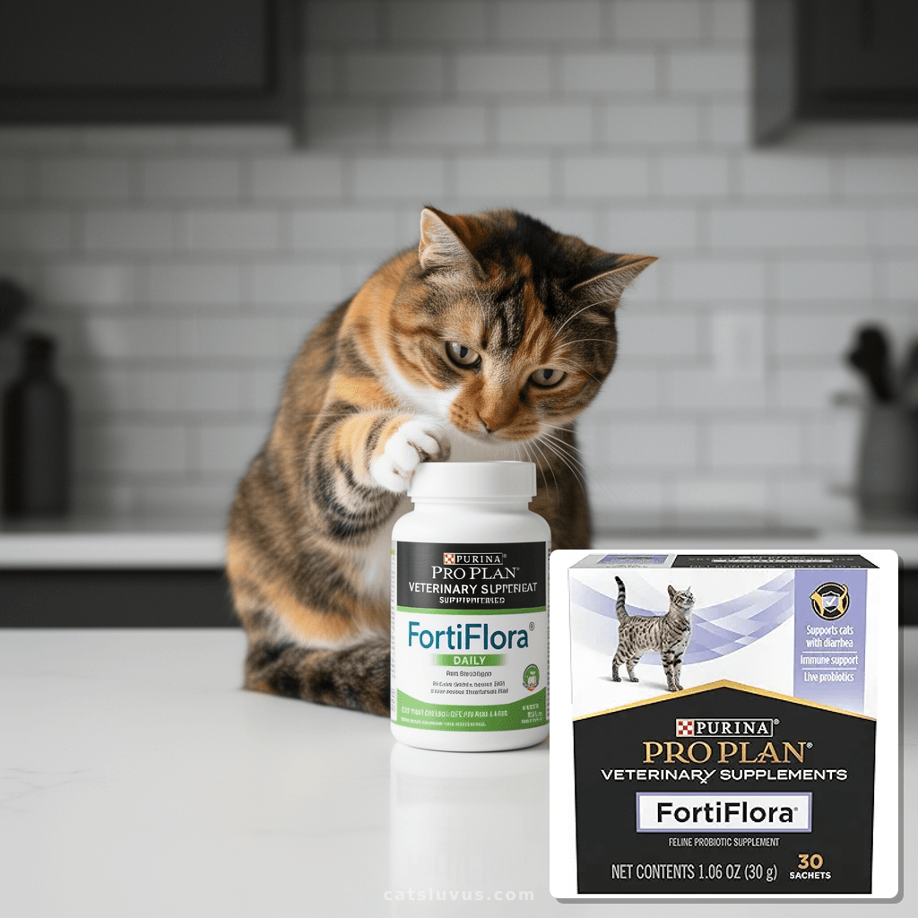 Purina Pro Plan Veterinary Supplements FortiFlora Daily with cat - professional product lifestyle photo