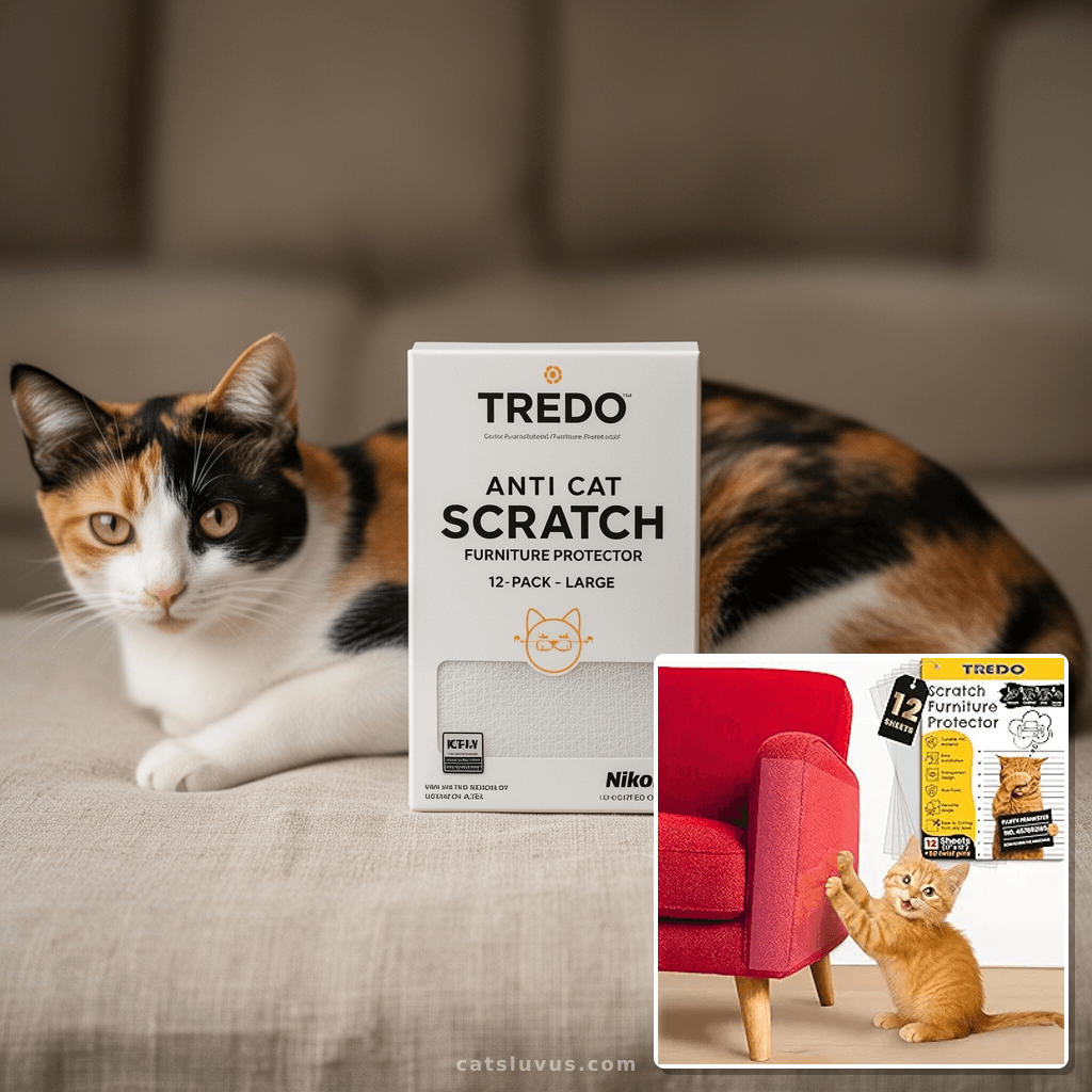 TREDO Anti Cat Scratch Furniture Protector 12-Pack - Large with cat - professional product lifestyle photo