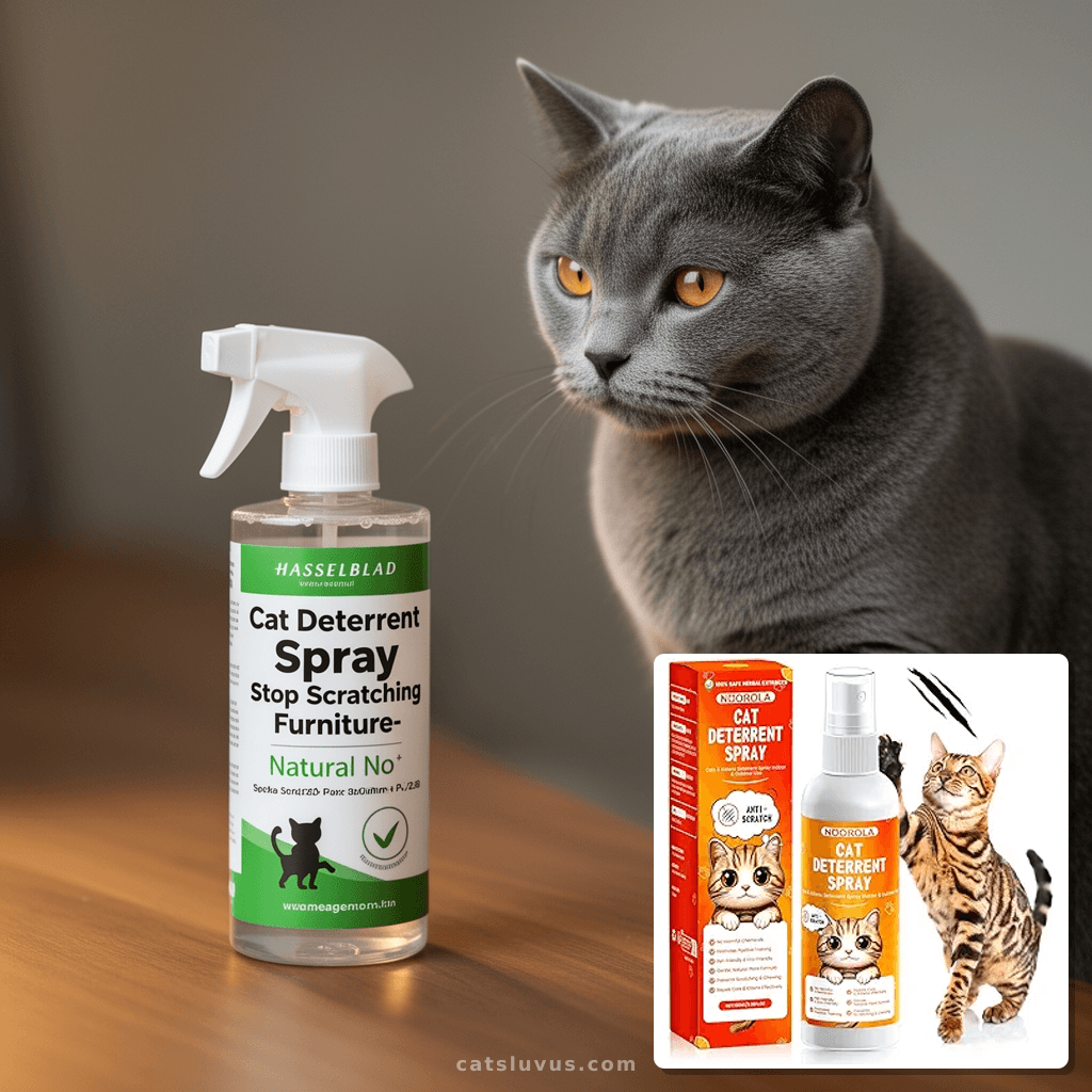 Cat Deterrent Spray to Stop Scratching Furniture- Natural No with cat - professional product lifestyle photo
