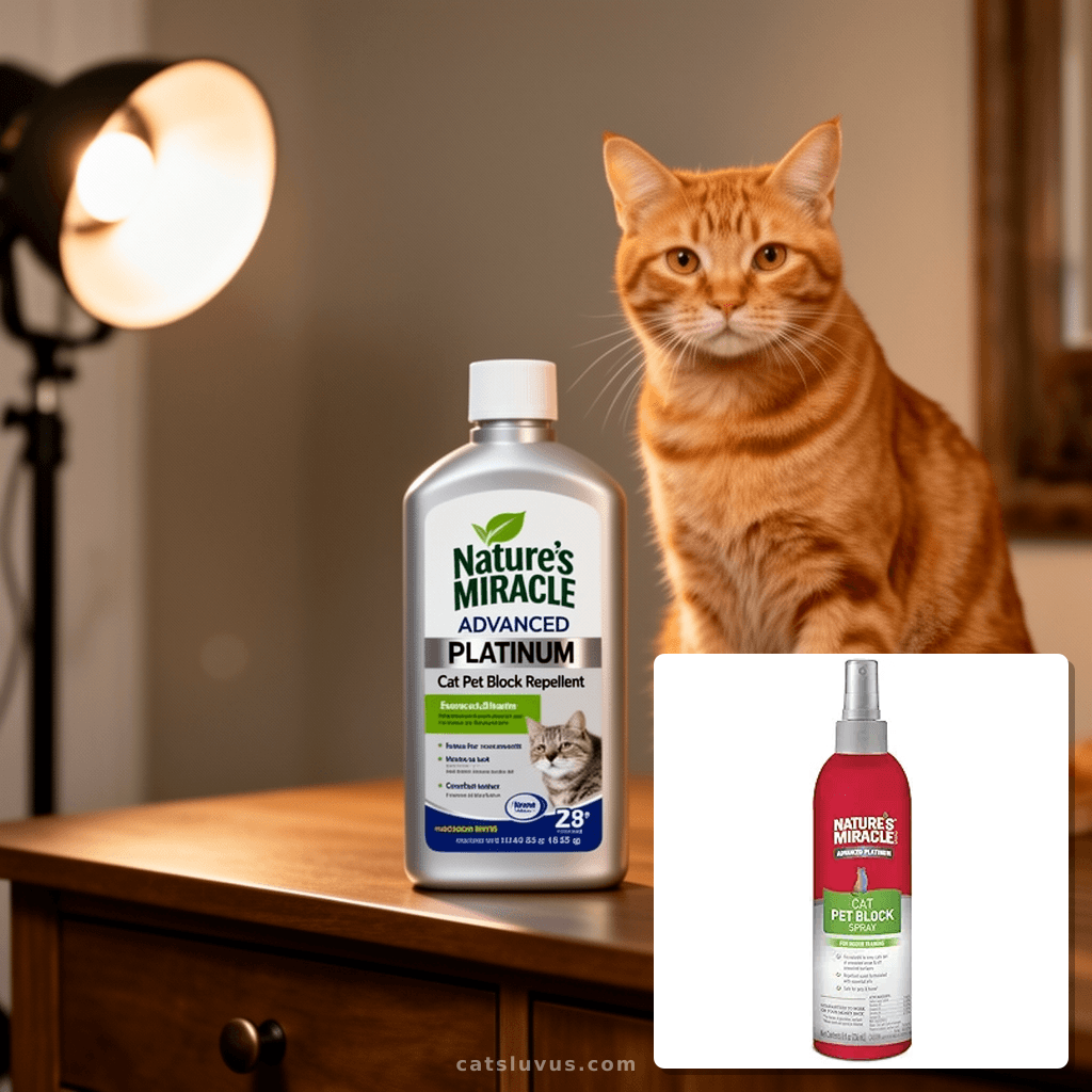 Nature's Miracle Advanced Platinum Cat Pet Block Repellent with cat - professional product lifestyle photo