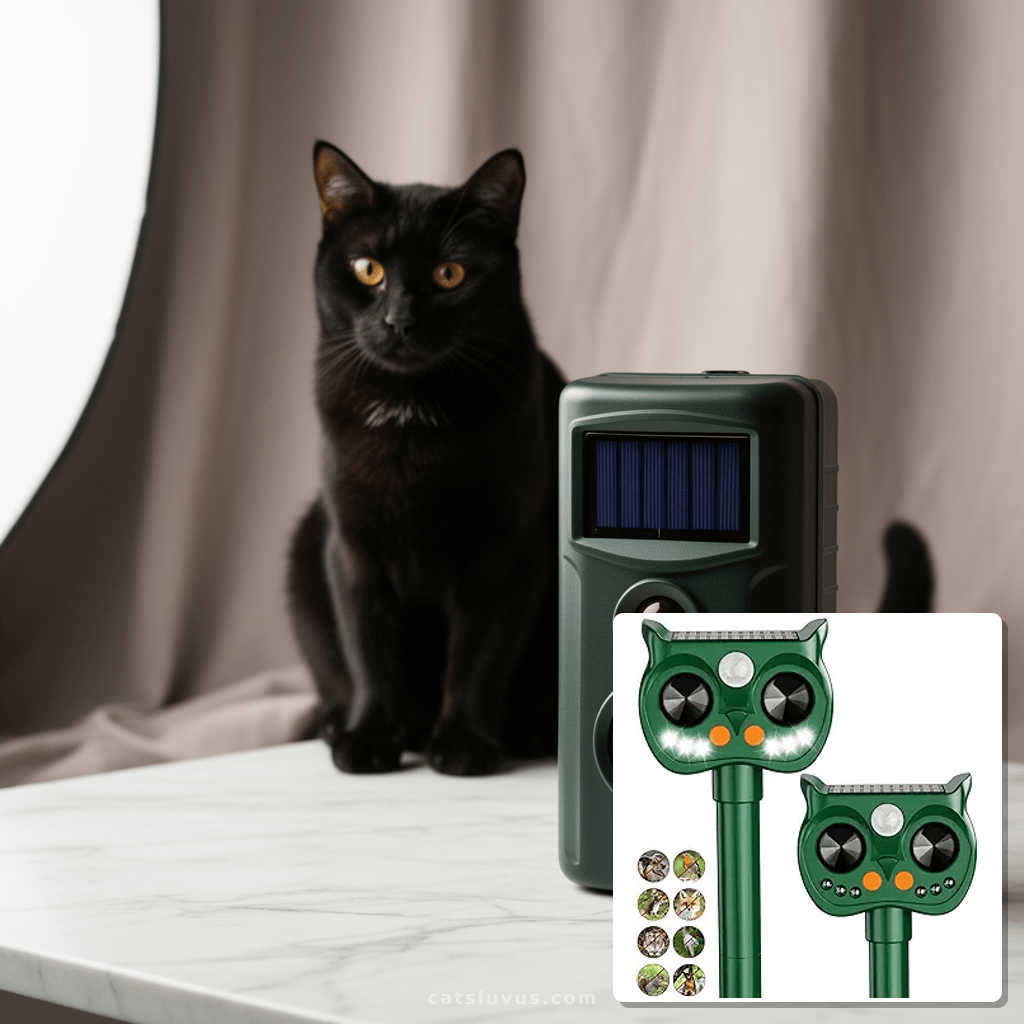 2 Pack 2026 Upgraded Solar Ultrasonic Animal Repellent with cat - professional product lifestyle photo
