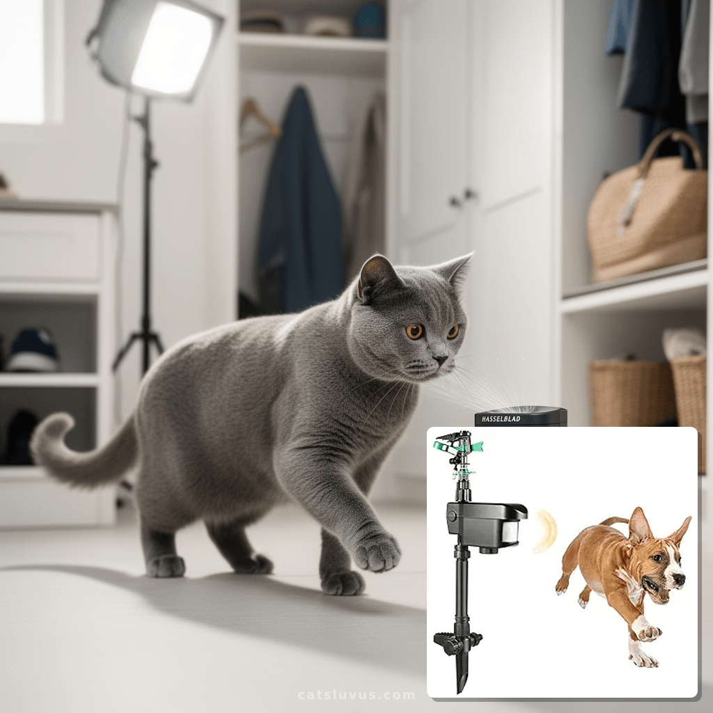 Solar Powered Ultrasonic Animal Repeller with cat - professional product lifestyle photo