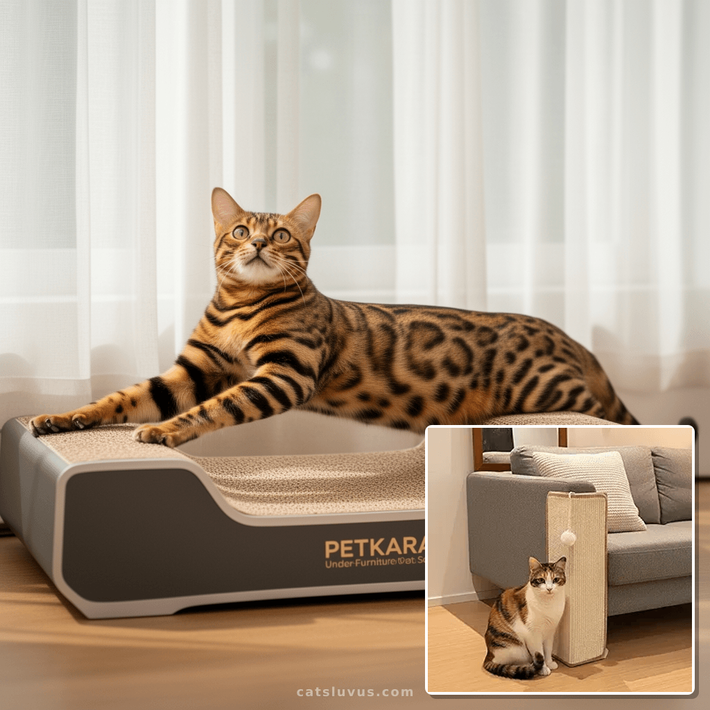 PETKARAY Under-Furniture Cat Scratcher with cat - professional product lifestyle photo