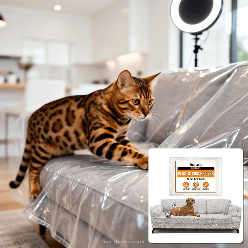 Houseables Plastic Couch Cover with cat - professional product lifestyle photo