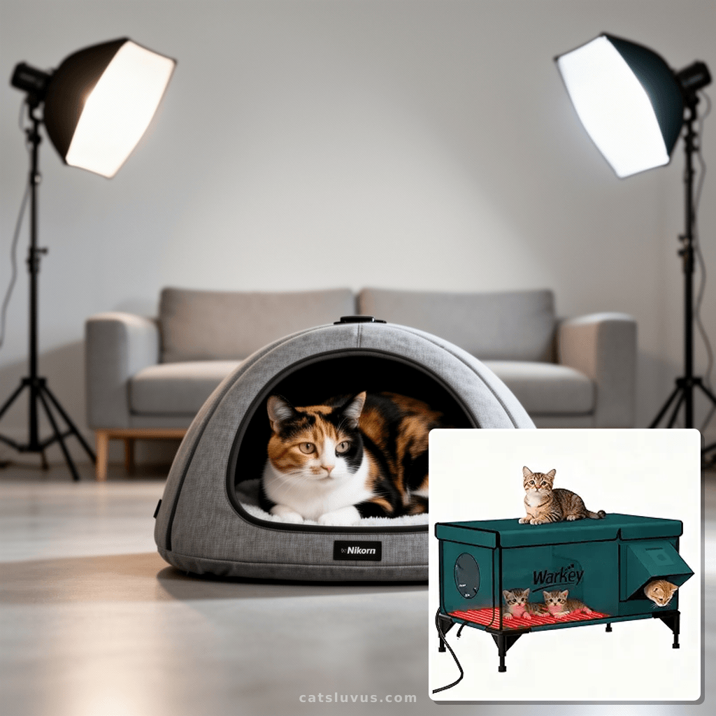 Heated Cat House for Outside Pets in Winter with cat - professional product lifestyle photo