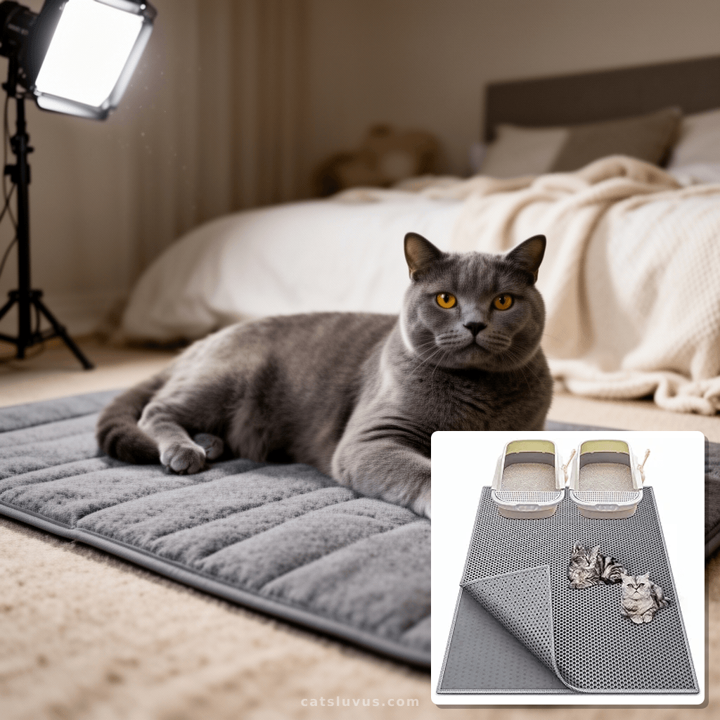 Cat Litter Box Mat: 36"x 30" Waterproof Kitty Cat Litter with cat - professional product lifestyle photo