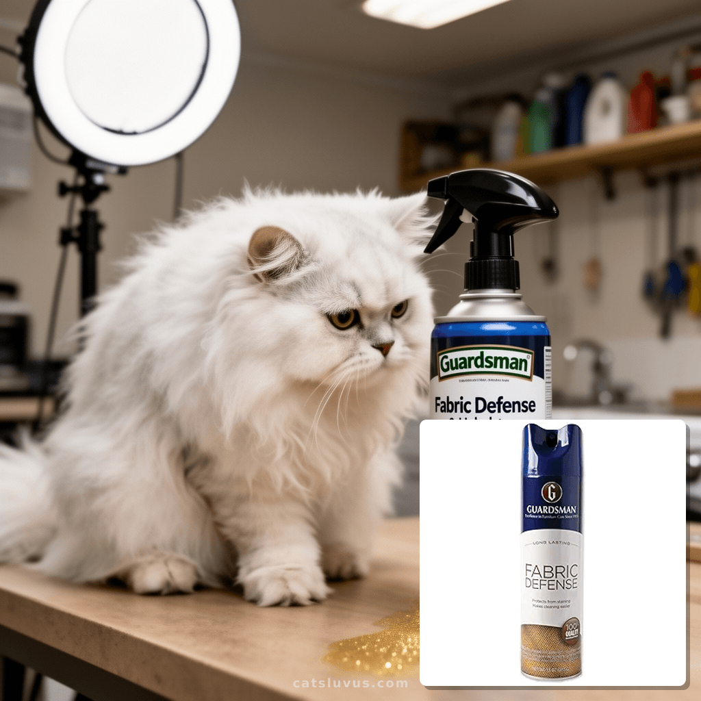 Guardsman Fabric Defense & Upholstery Water Repellent Spray with cat - professional product lifestyle photo