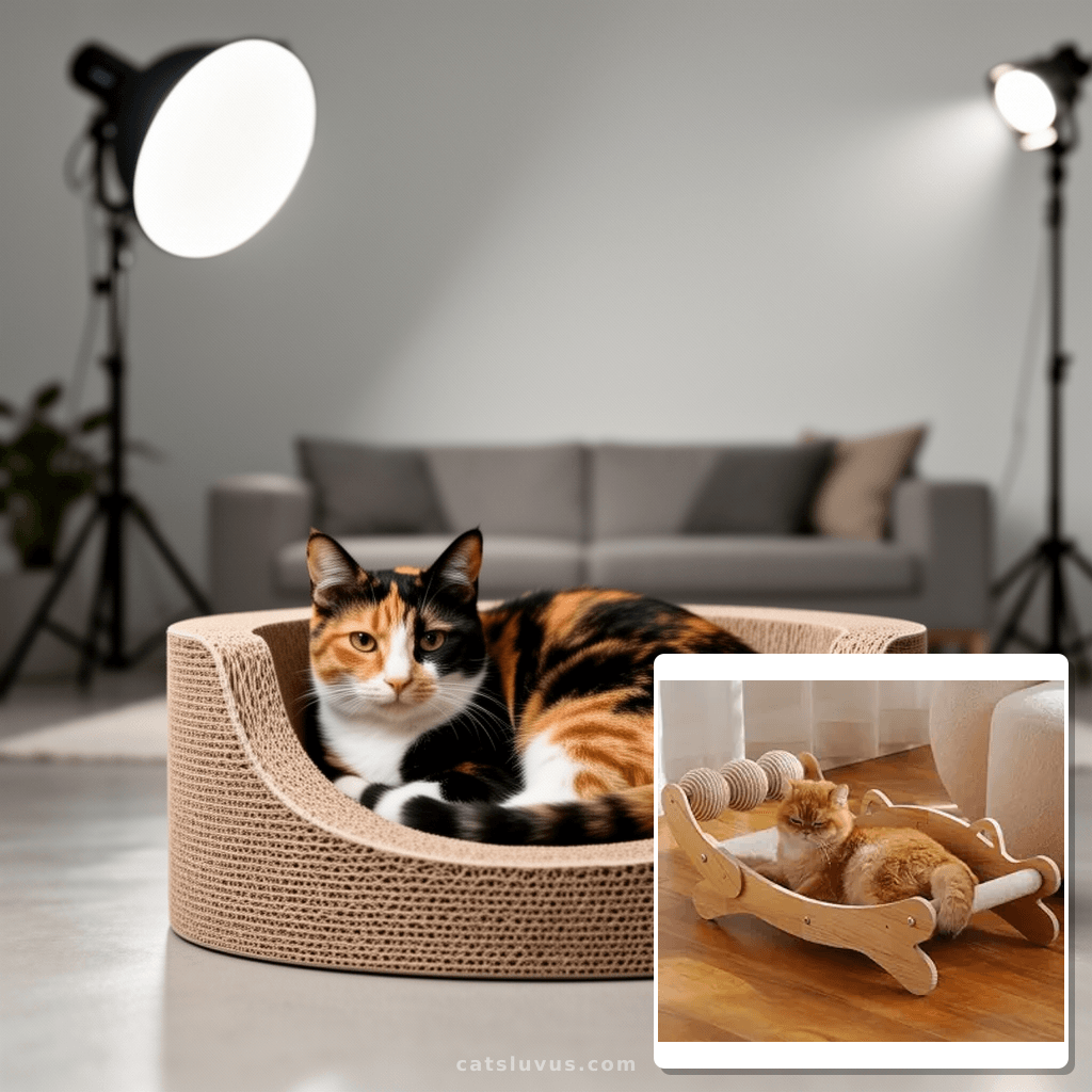 3-in-1 Cat Scratcher Bed for Indoor Cats Sisal Scratcher & with cat - professional product lifestyle photo