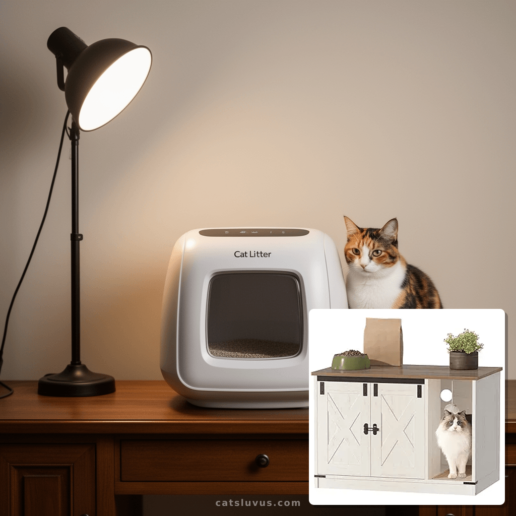 Cat Litter Box Enclosure with cat - professional product lifestyle photo