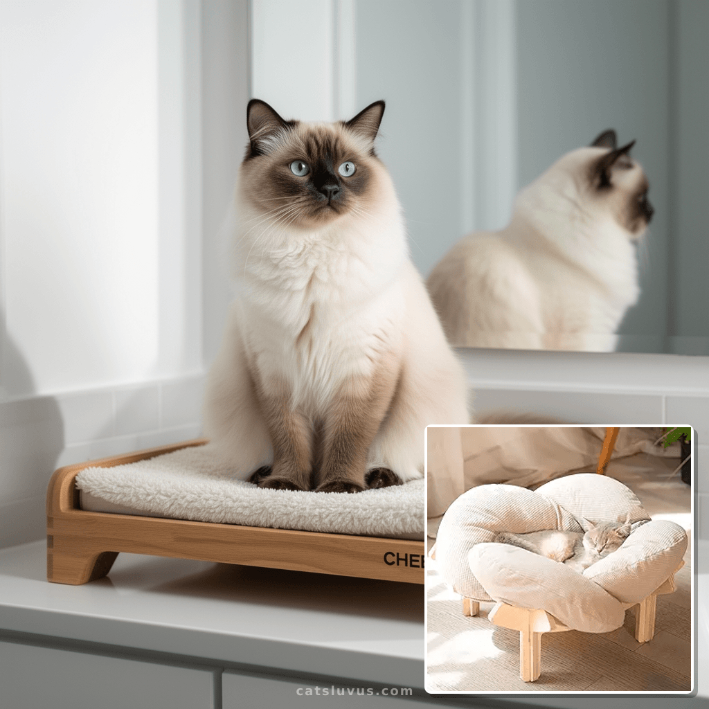CHEERHOME PETS Elevated Cat Bed Wooden with Cushion Fluffy with cat - professional product lifestyle photo