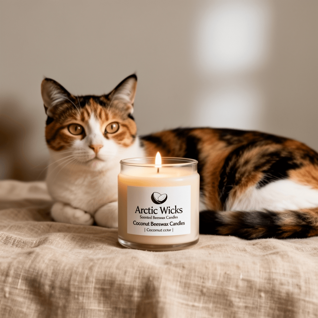 Arctic Wicks Scented Coconut Beeswax Candles | Coconut with cat - professional product lifestyle photo