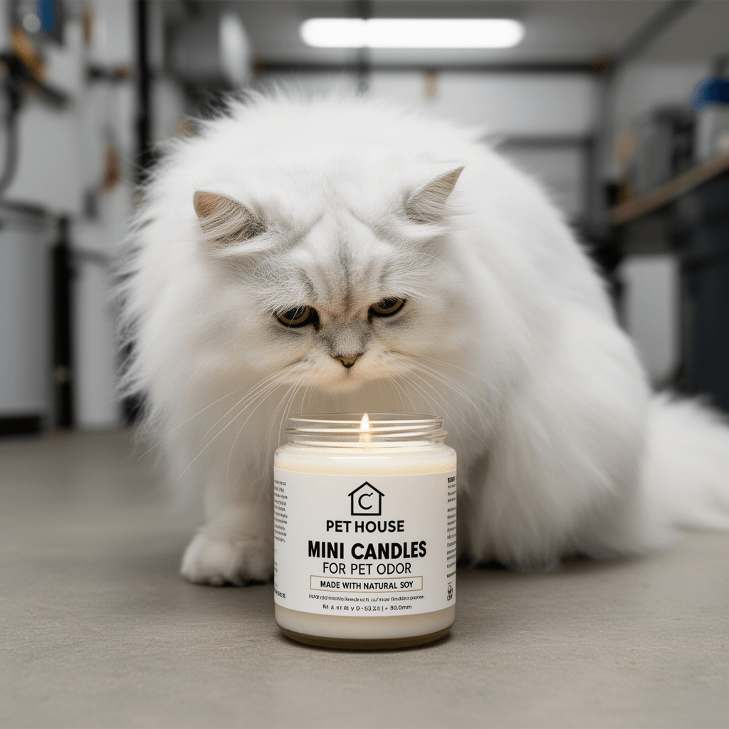 Pet House Mini Candles for Pet Odor Made with Natural Soy with cat - professional product lifestyle photo