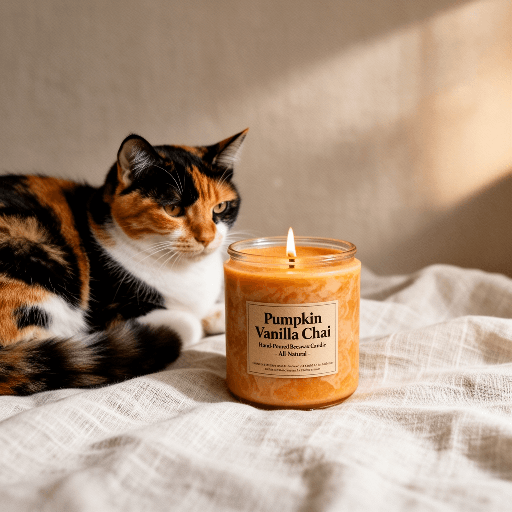Pumpkin Vanilla Chai Hand-Poured Beeswax Candle - All- with cat - professional product lifestyle photo