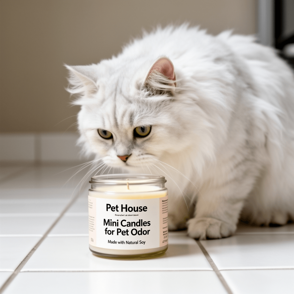 Pet House Mini Candles for Pet Odor Made with Natural Soy with cat - professional product lifestyle photo