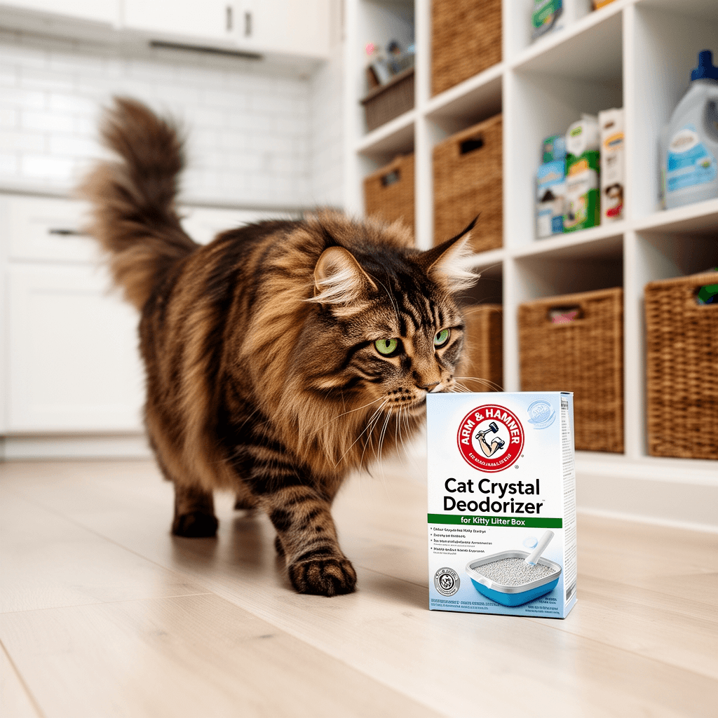 Arm & Hammer Cat Crystal Deodorizer for Kitty Litter Box - with cat - professional product lifestyle photo