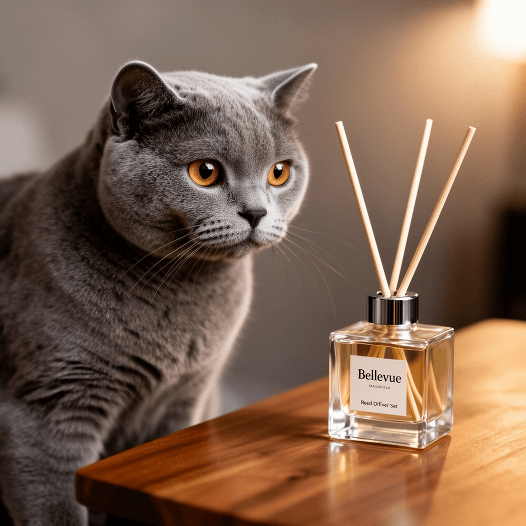 Bellevue Reed Diffuser Set with cat - professional product lifestyle photo