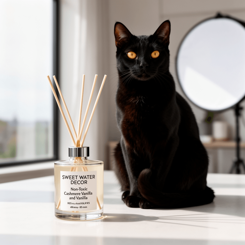 Sweet Water Decor Non-Toxic Cashmere and Vanilla Reed with cat - professional product lifestyle photo