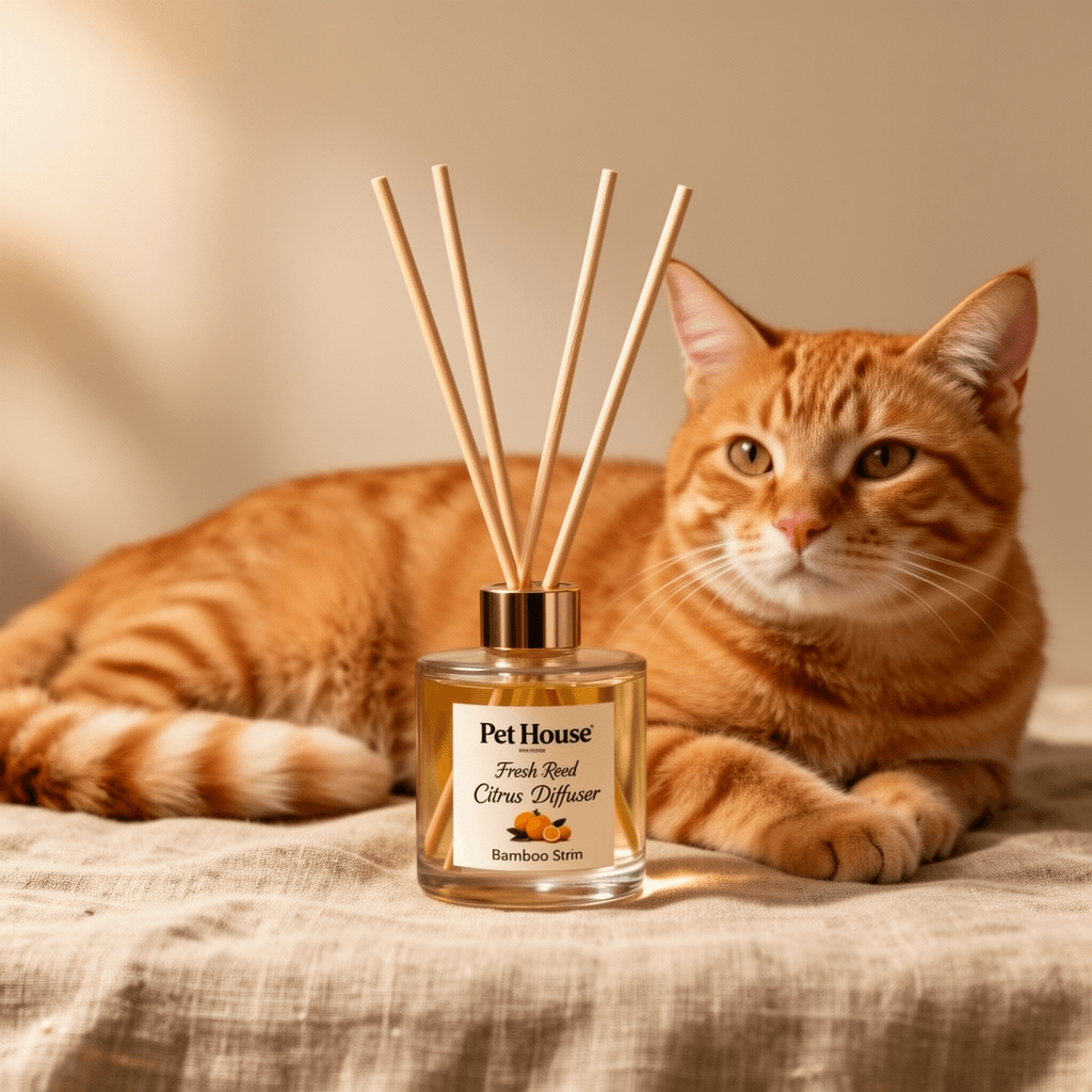 Pet House Fresh Citrus Reed Diffuser with Bamboo Sticks with cat - professional product lifestyle photo