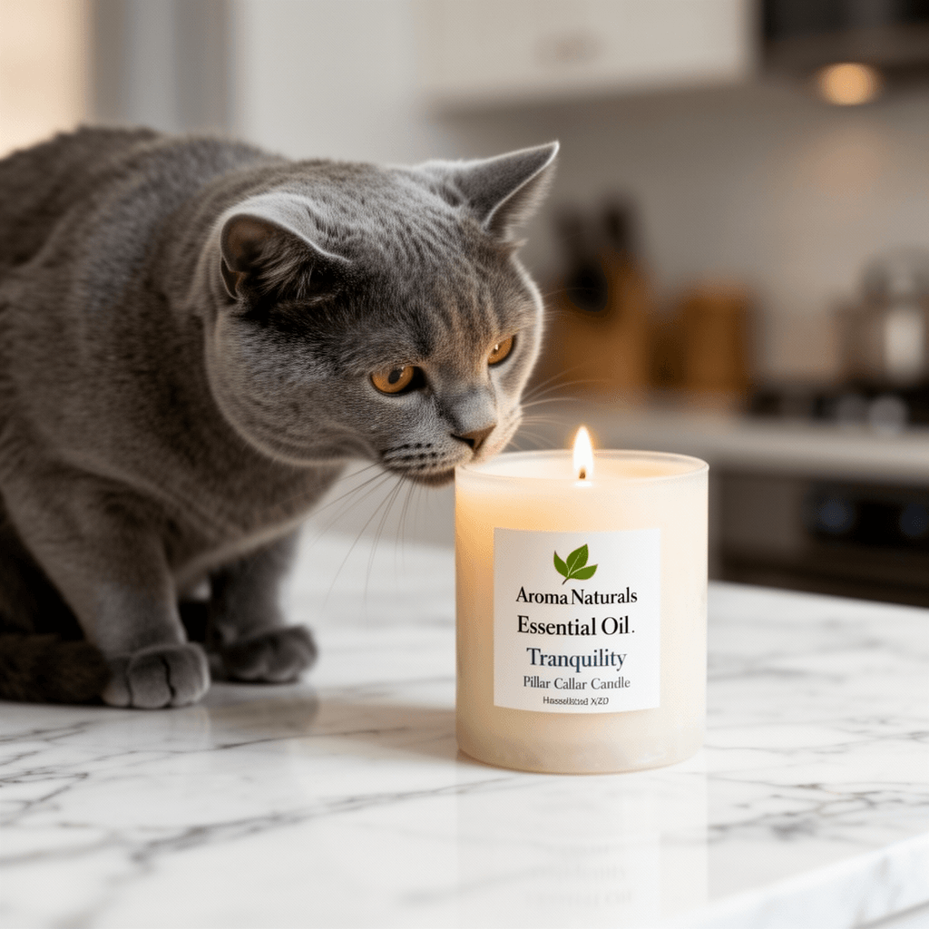 Aroma Naturals Essential Oil Tranquility Pillar Candle with cat - professional product lifestyle photo