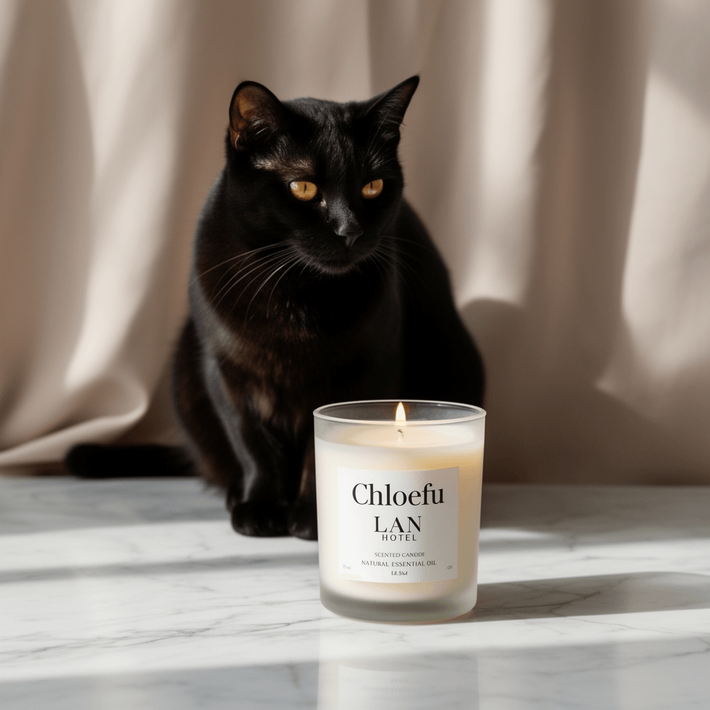 Chloefu LAN Hotel Scented Candle Natural Essential Oil with cat - professional product lifestyle photo