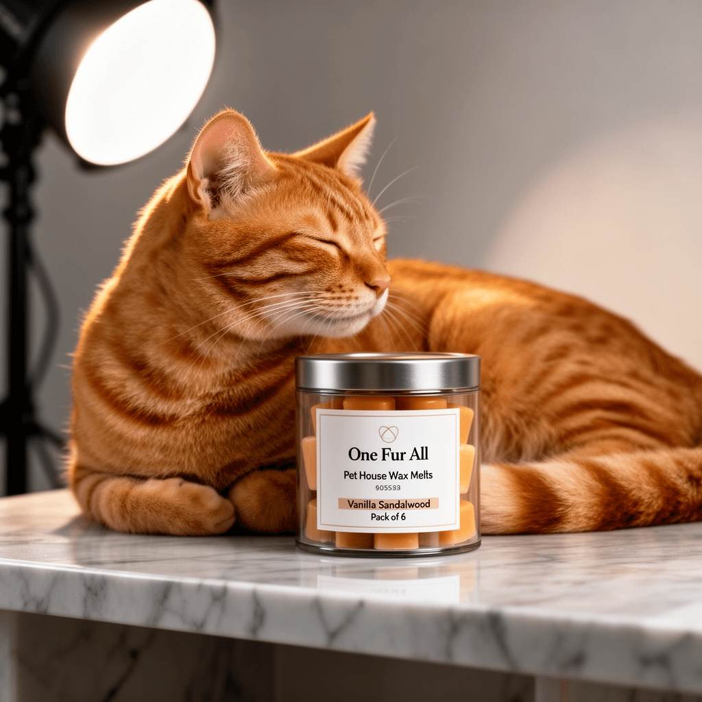 One Fur All Pet House Wax Melts - Vanilla Sandalwood Pack of with cat - professional product lifestyle photo