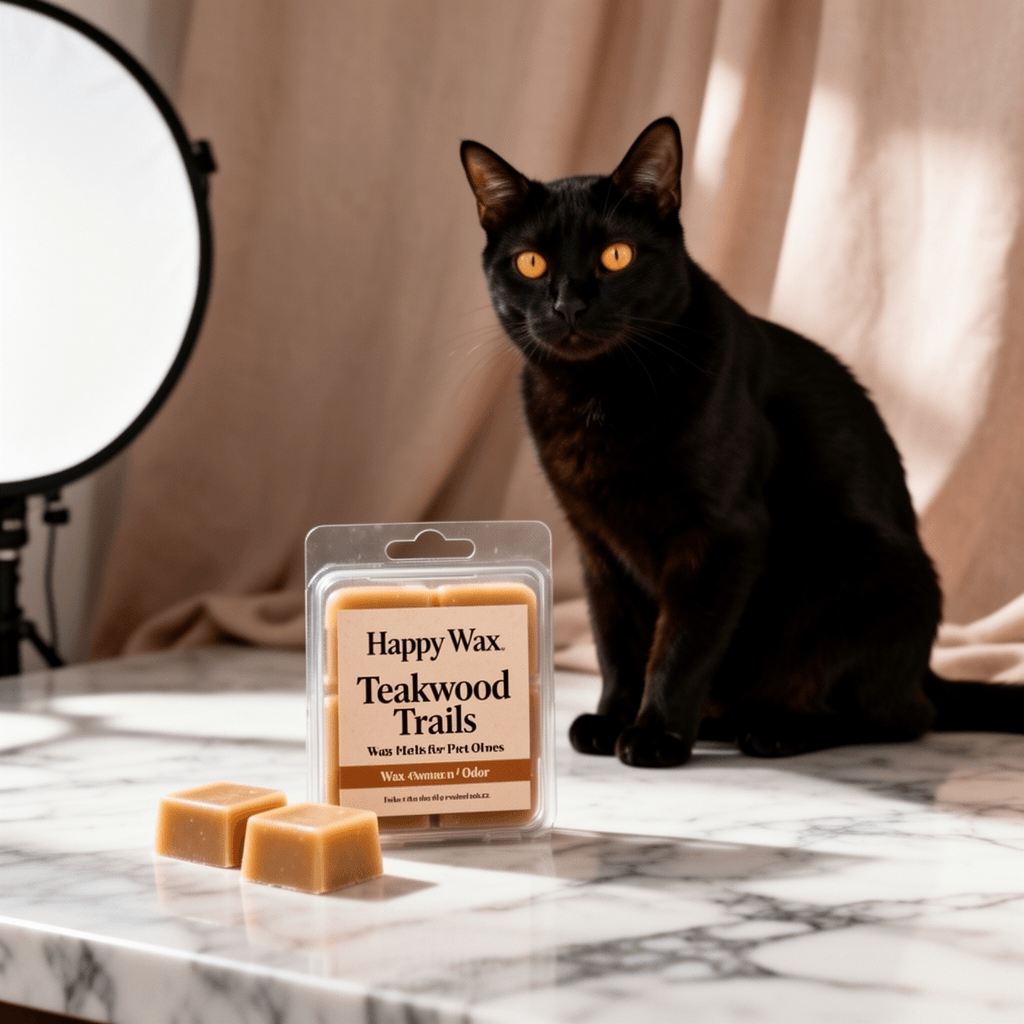 Happy Wax Teakwood Trails Wax Melts for Pet Owners – Odor with cat - professional product lifestyle photo