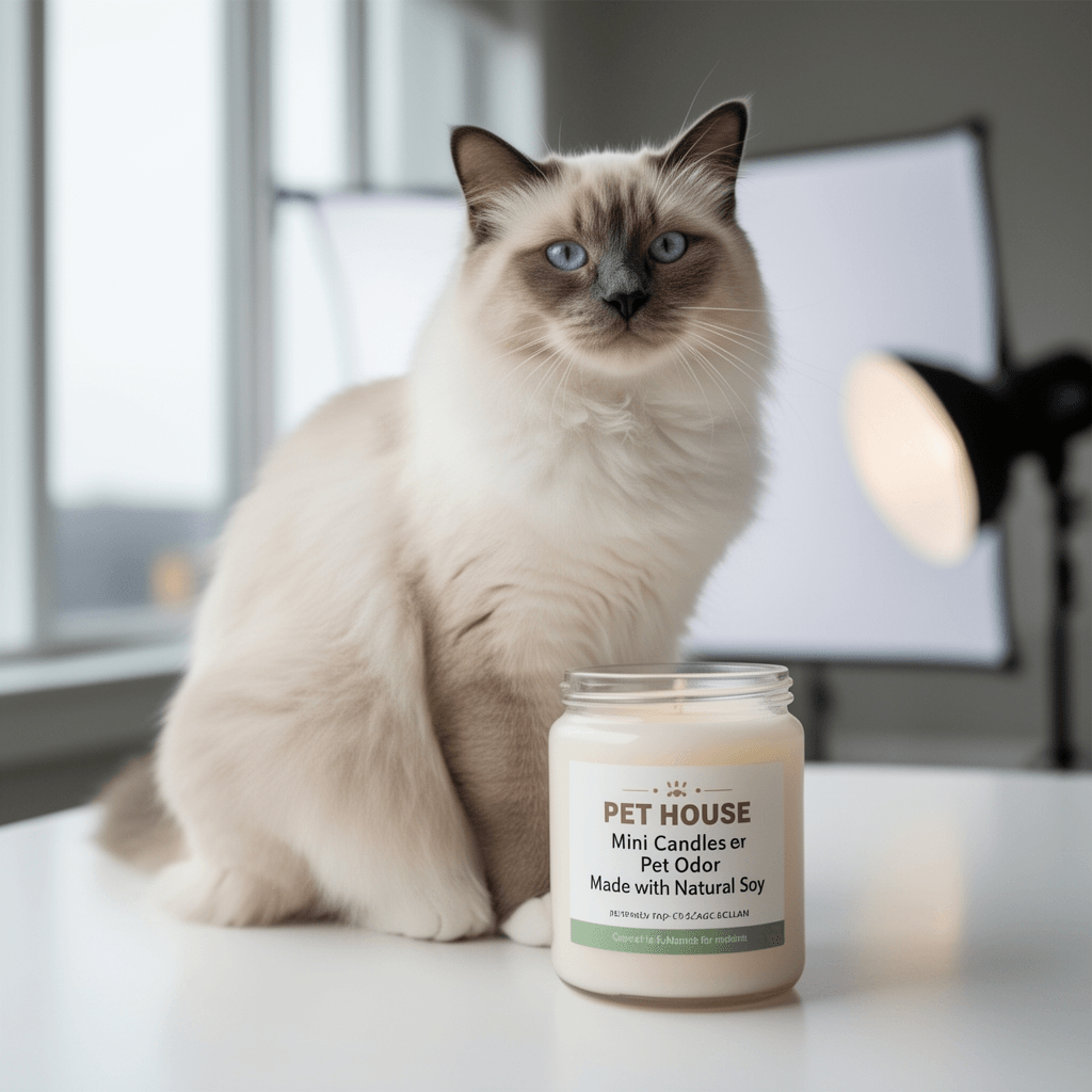 Pet House Mini Candles for Pet Odor Made with Natural Soy with cat - professional product lifestyle photo