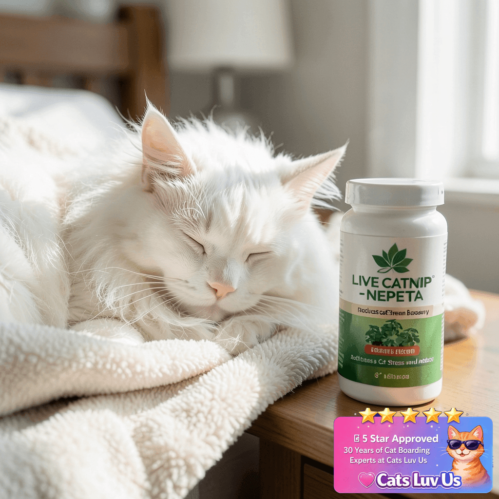 Live Catnip - Nepeta - Reduces Cat Stress and Anxiety - 8" with cat - professional product lifestyle photo