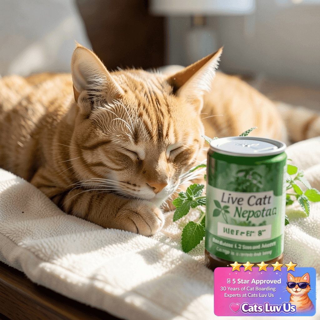 Live Catnip - Nepeta - Reduces Cat Stress and Anxiety - 8" with cat - professional product lifestyle photo