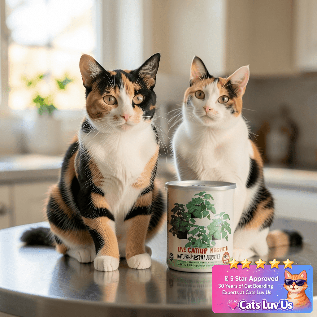 Live Catnip - Nepeta - Reduces Cat Stress and Anxiety - 8" with cat - professional product lifestyle photo