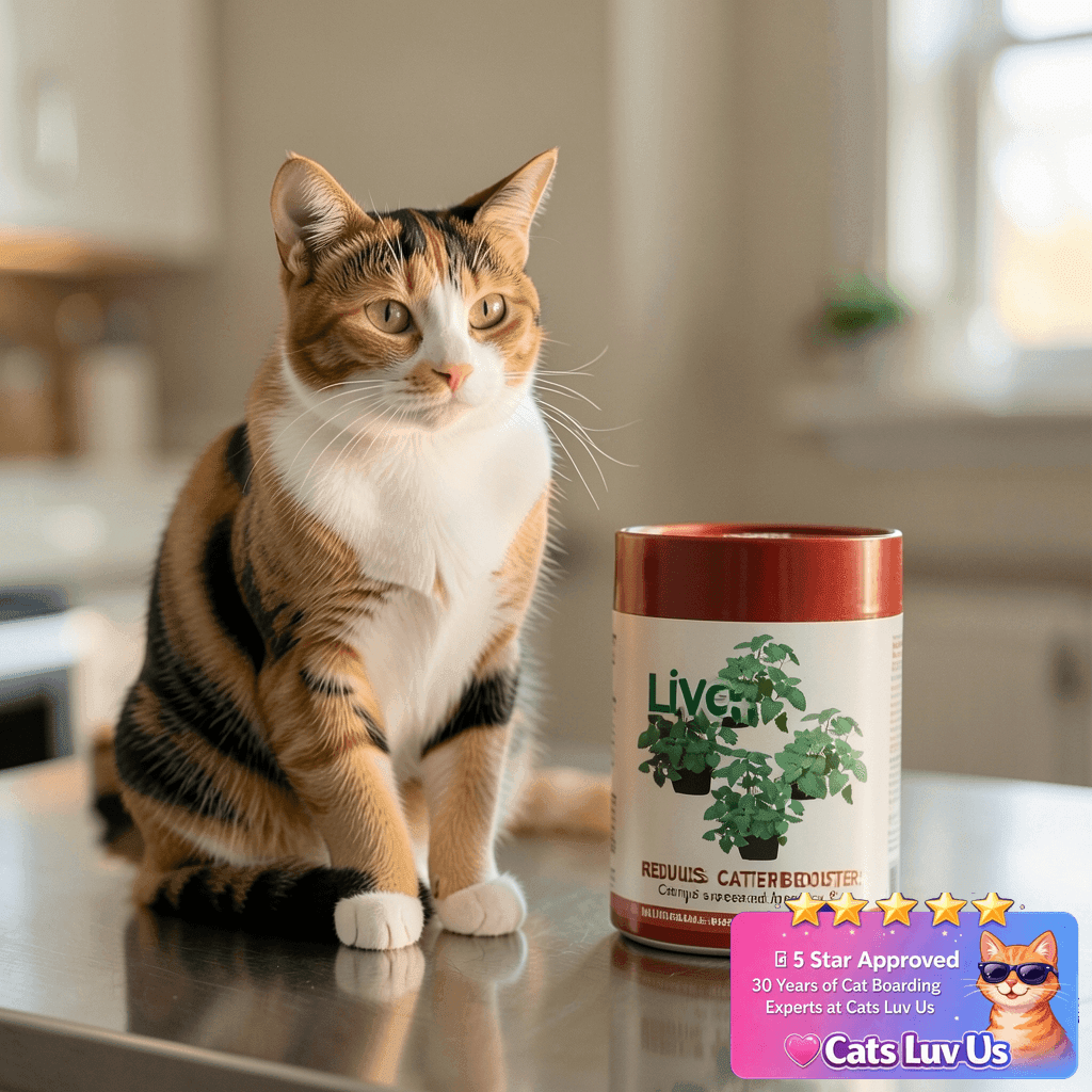 Live Catnip - Nepeta - Reduces Cat Stress and Anxiety - 8" with cat - professional product lifestyle photo