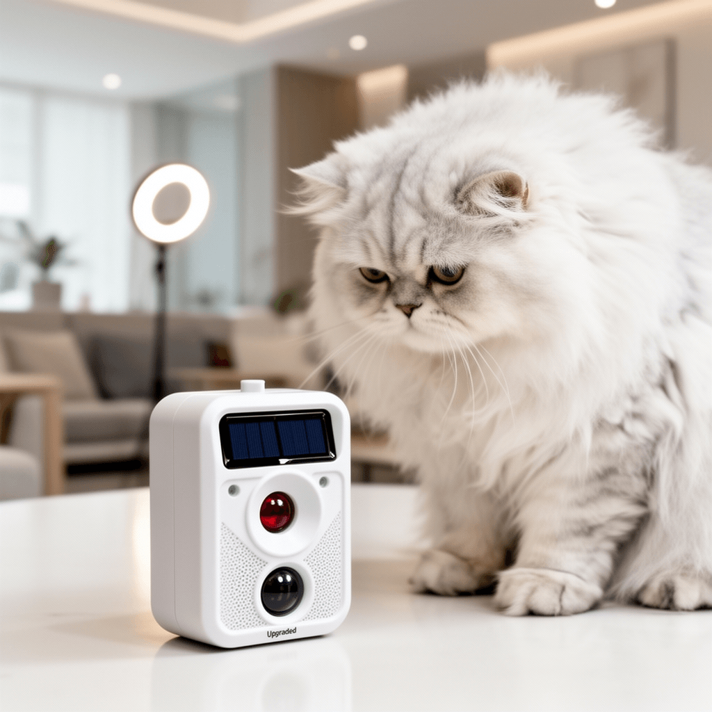 Upgraded Solar Animal Repellent Ultrasonic Animal Repeller with cat - professional product lifestyle photo