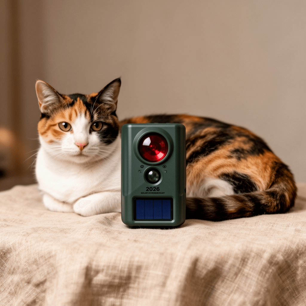 2026 Solar Ultrasonic Animal Repeller Outdoor with Flashing with cat - professional product lifestyle photo