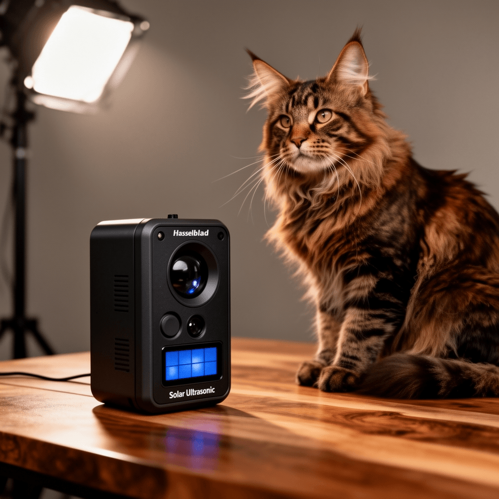 Solar Ultrasonic Nocturnal Animal Repeller with cat - professional product lifestyle photo