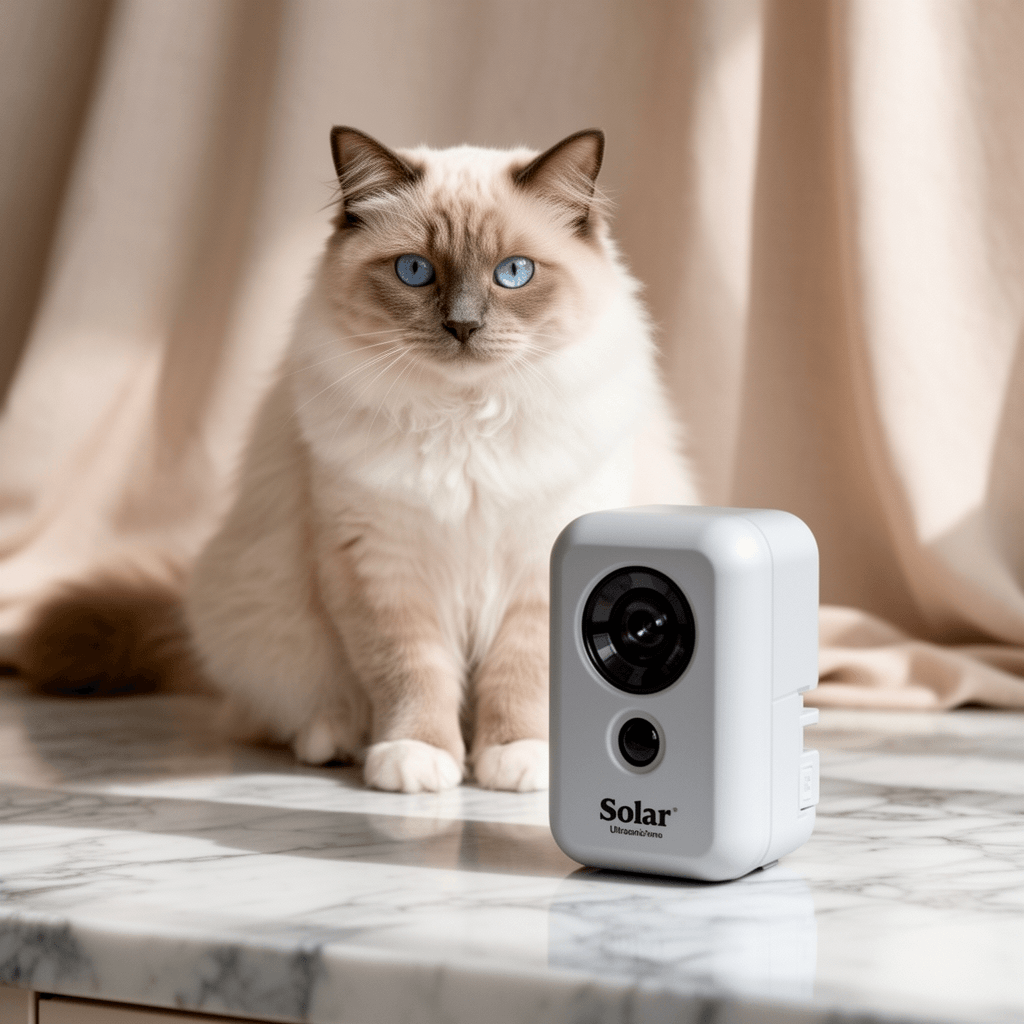 Solar Ultrasonic Animal Repellent Outdoor with cat - professional product lifestyle photo