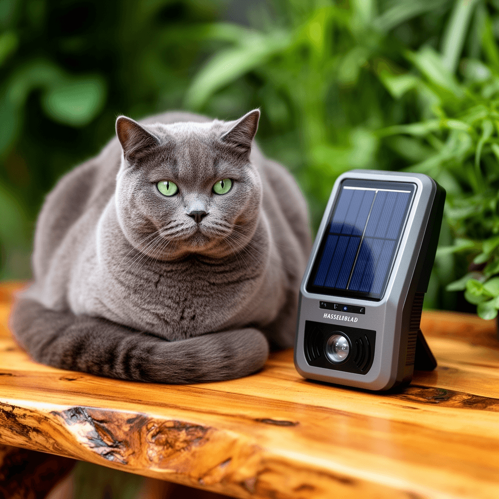 Animal Repellent Solar Powered Ultrasonic Animal Repeller with cat - professional product lifestyle photo