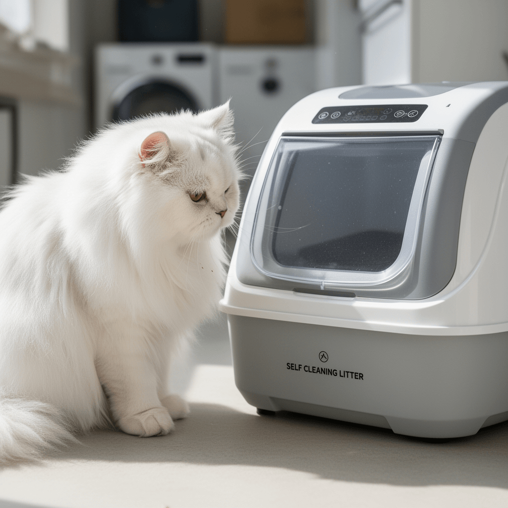 Self Cleaning Litter Box with cat - professional product lifestyle photo