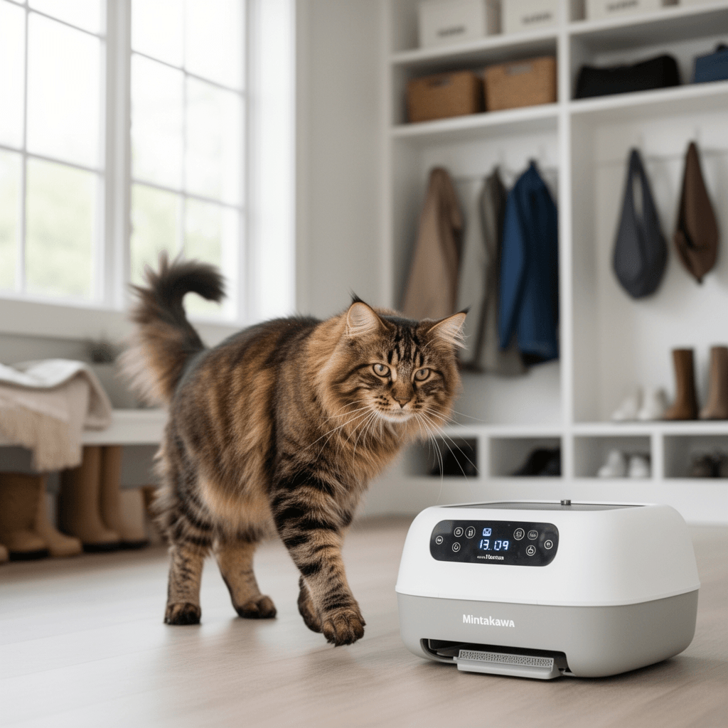 Mintakawa Automatic Cat Litter Box Self Cleaning - APP with cat - professional product lifestyle photo