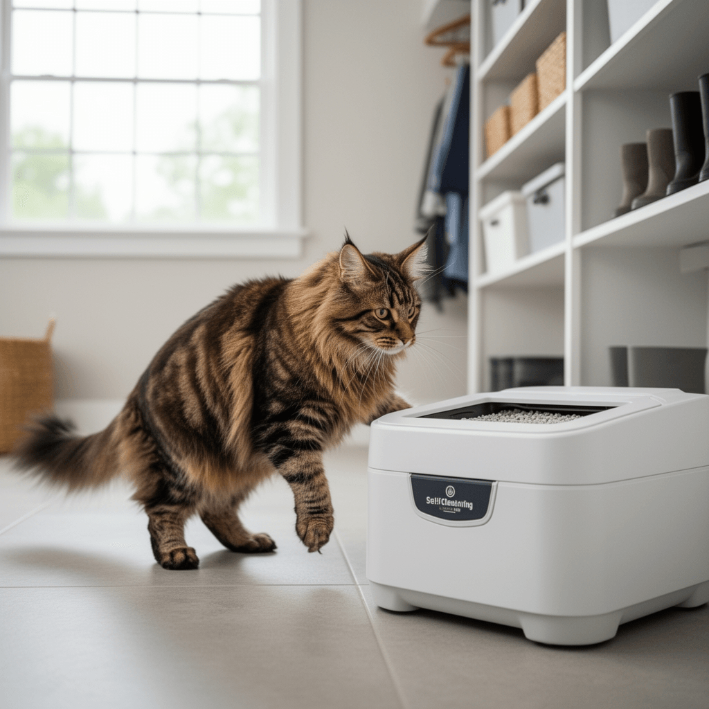 Self Cleaning Litter Box with cat - professional product lifestyle photo