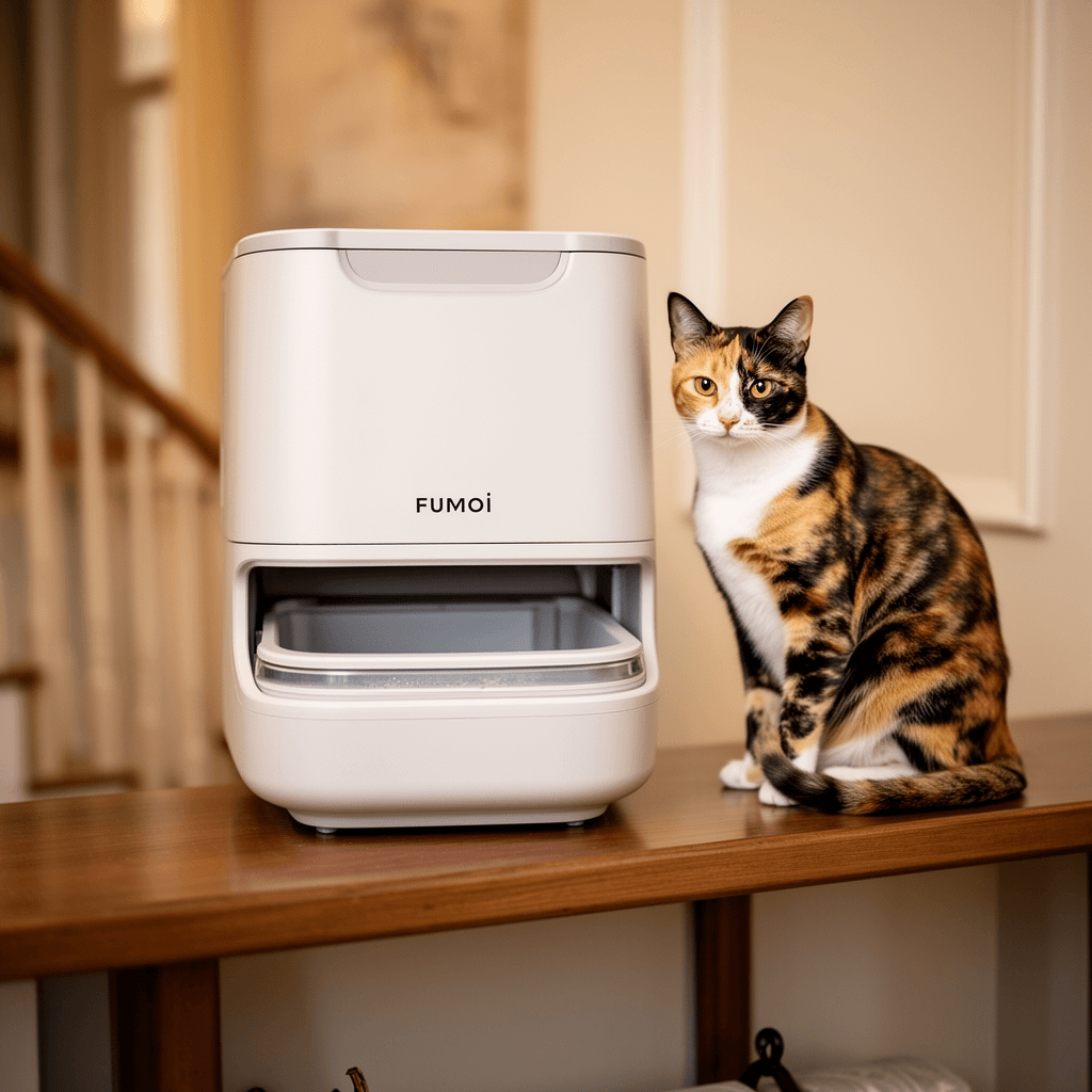Fumoi Automatic Cat Litter Box Self Cleaning Litter Box with cat - professional product lifestyle photo