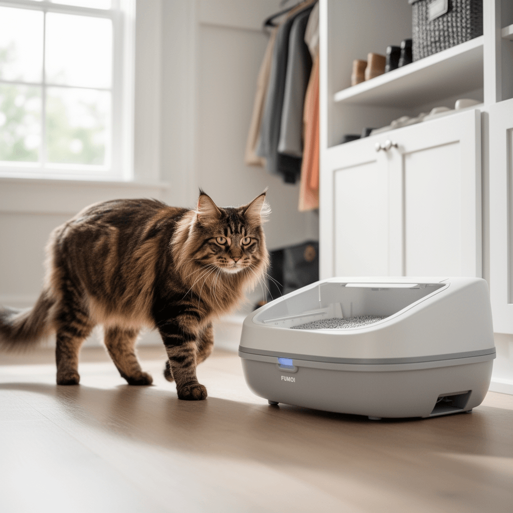 Fumoi Automatic Cat Litter Box Self Cleaning Litter Box with cat - professional product lifestyle photo