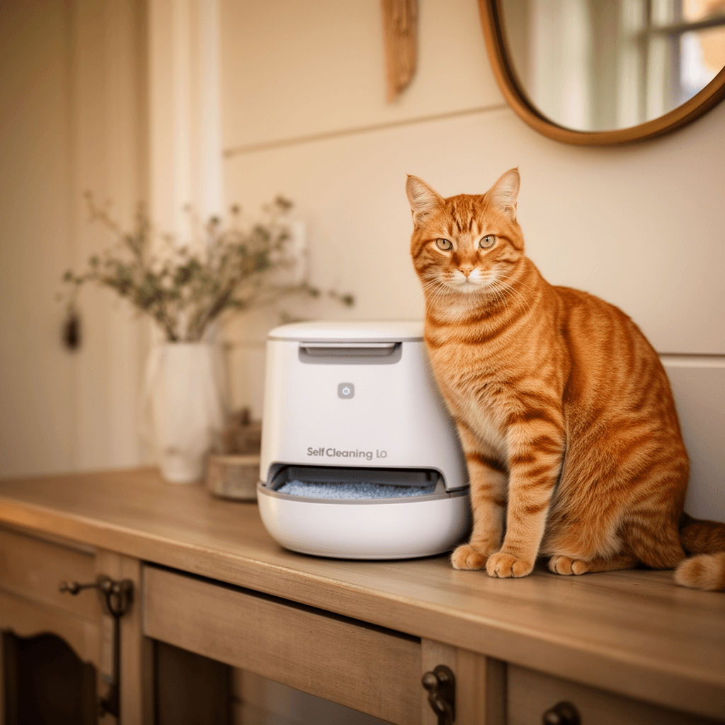 Self Cleaning Litter Box open-top with cat - professional product lifestyle photo