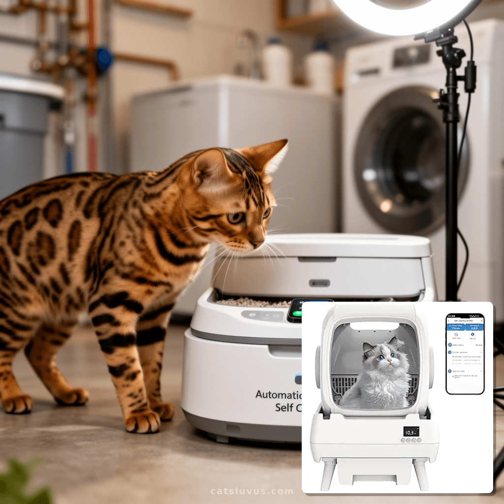 Automatic Cat Litter Box Self Cleaning - App Control with cat - professional product lifestyle photo