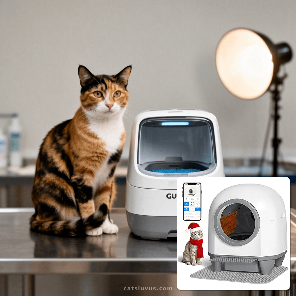 GUNJI Automatic Self-Cleaning Litter Box with cat - professional product lifestyle photo