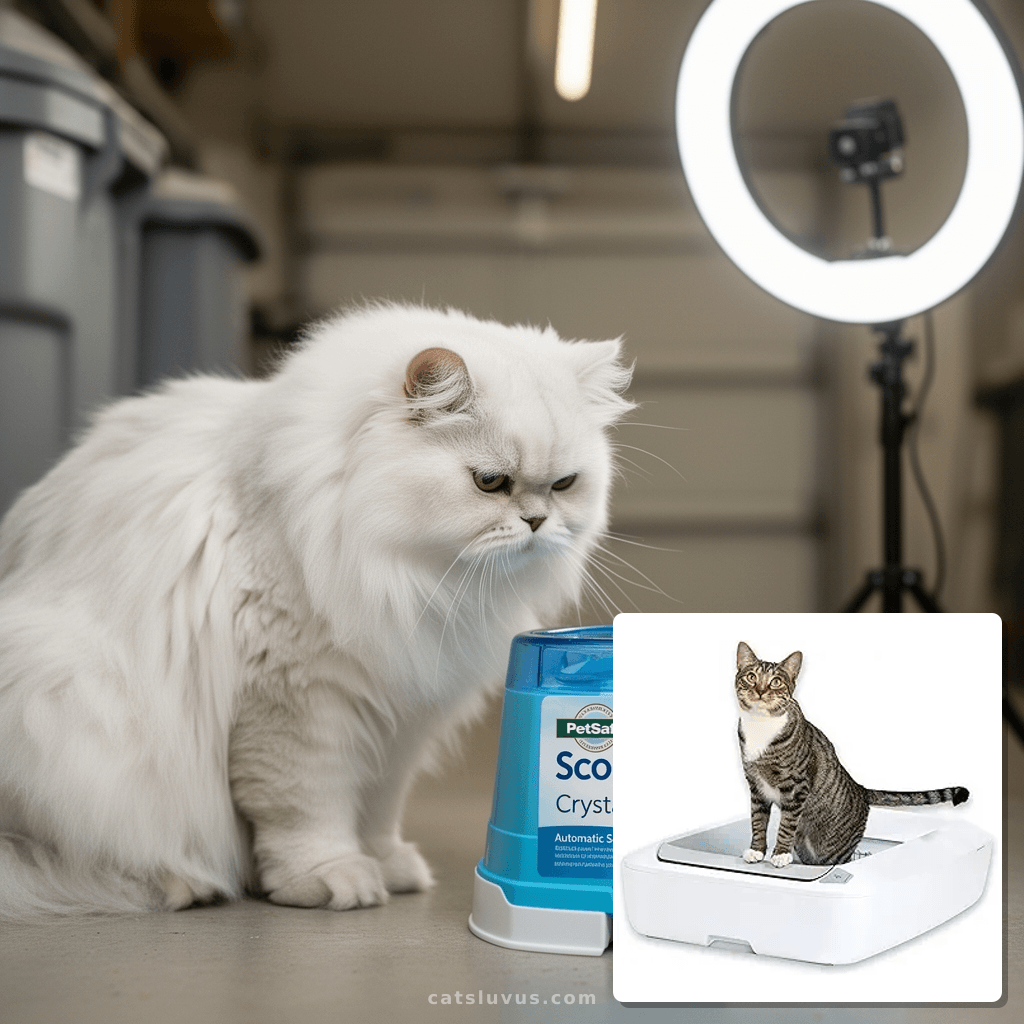 PetSafe ScoopFree Crystal Plus Automatic Self-Cleaning Cat with cat - professional product lifestyle photo