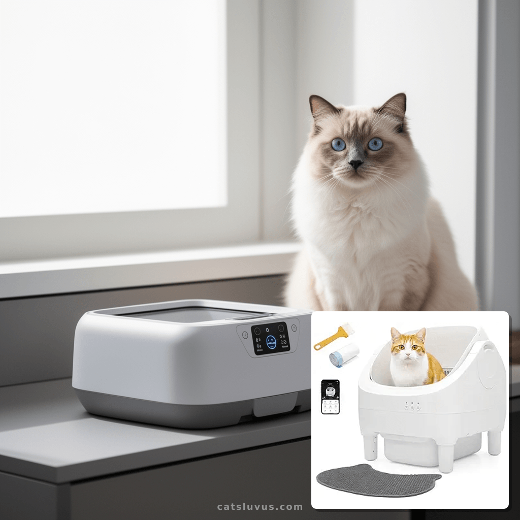 Open-Top Automatic Cat Litter Box - Self-Cleaning with Smart with cat - professional product lifestyle photo