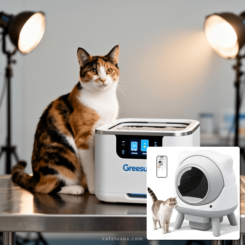 Greesum Smart Self-Cleaning Litter Box with App Control and with cat - professional product lifestyle photo
