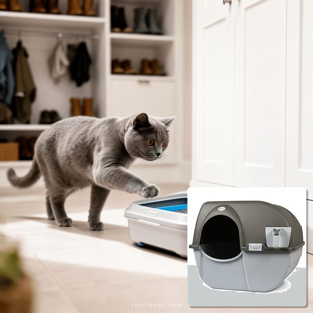 Omega Paw NRA15 Self Cleaning Litter Box Regular Size with cat - professional product lifestyle photo