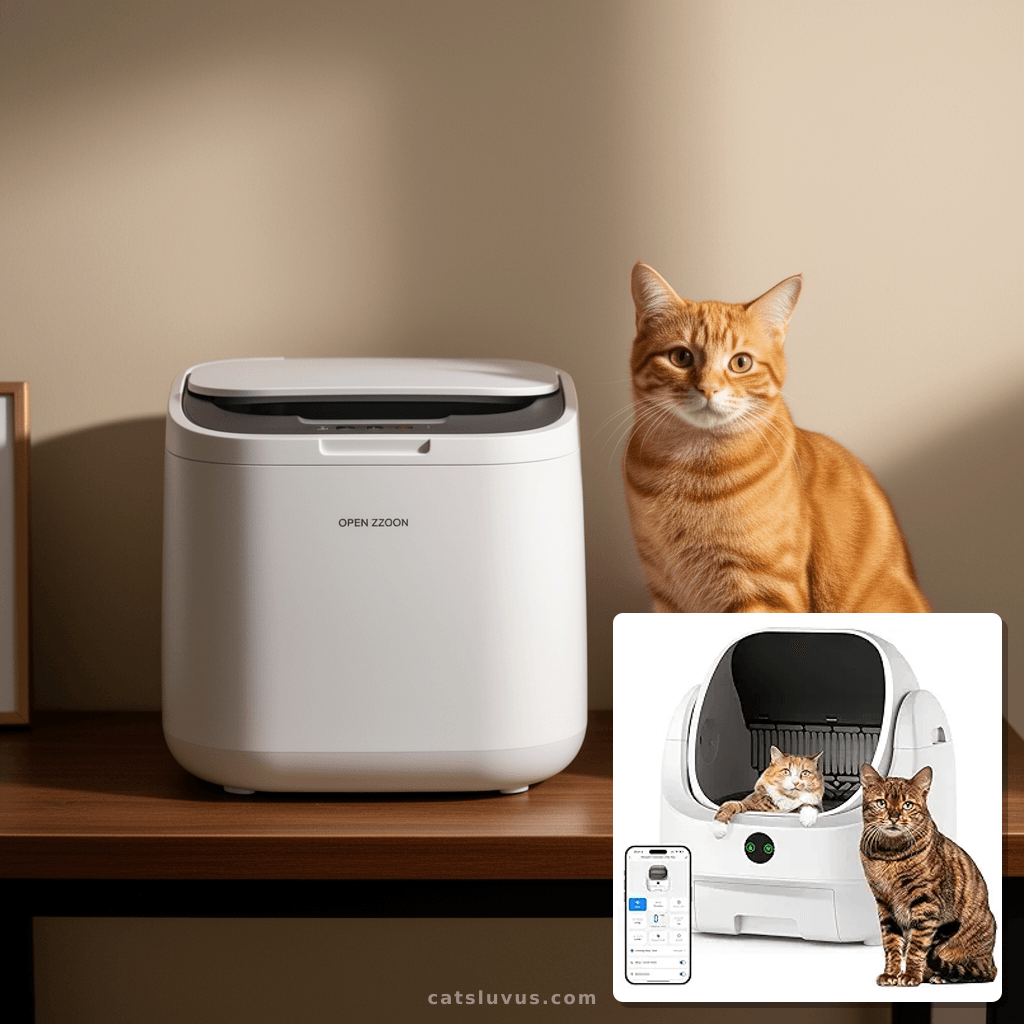 Open Top Automatic Litter Box with cat - professional product lifestyle photo